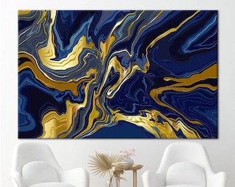 Blue Gold Marble Abstract Canvas Print, Luxury Wall Art