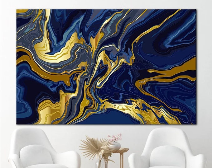 Luxury Marble Wall Decor, Navy Blue Wall Art, Abstract Marble Wall Art, Alcohol Ink Artwork, Gold Marble Art Canvas,