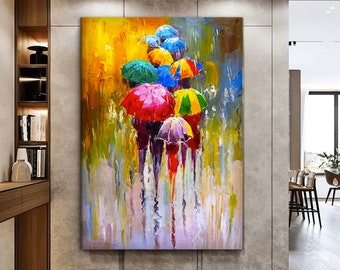 People Walking Under Umbrella Canvas Wall Art, Colorful Umbrella Wall Hangings, Yellow Red Green Umbrella Canvas Wall Print