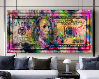 Graffiti Dollar Painting, Colorful Money Canvas Wall Art