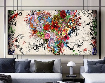 Still life wall art picture canvas print love heart painting abstract colorful heart flowers and woman face posters home decor