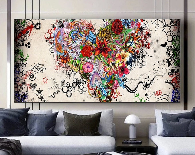 Still life wall art picture canvas print love heart painting abstract colorful heart flowers and woman face posters home decor