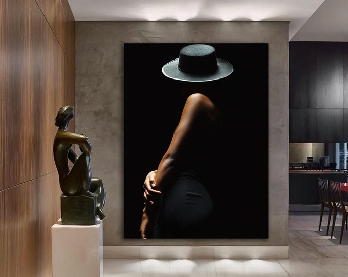 woman silhouette canvas painting, woman with hot abstract canvas painting, modern woman painting, black and white woman