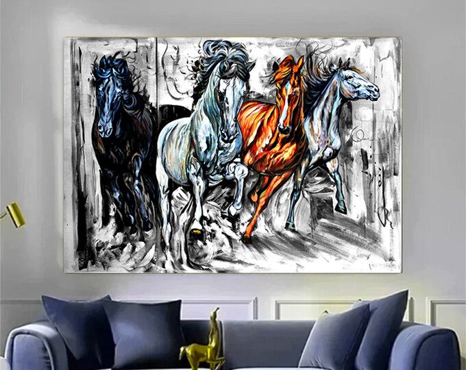 Decorative Horses Canvas Painting, Canvas Print, Black White, Horse wall art