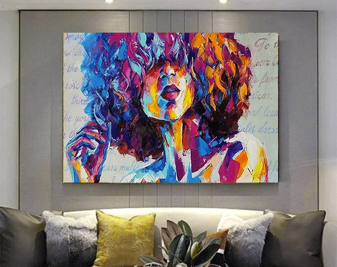 long hair thinking woman canvas print art, colorful woman portrait canvas print, gift canvas, new year gift