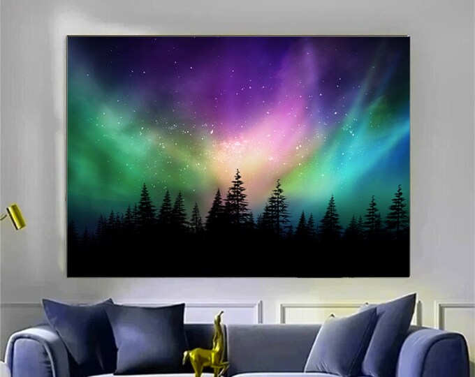 Aurora Borealis Northern Lights Over Canadian Forest, Northern Lights Wall Art, Nature Wall Art, Night Wall Art, Starry Sky Wall Art,