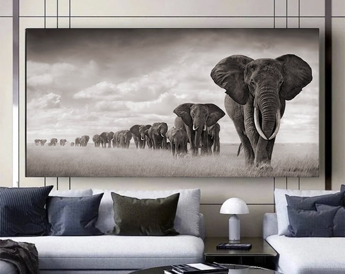 Large Panoramic Canvas Art Prints, Black and White Wall Decor, Modern Giclée Art Prints, Elephant Family, Living Room Decor