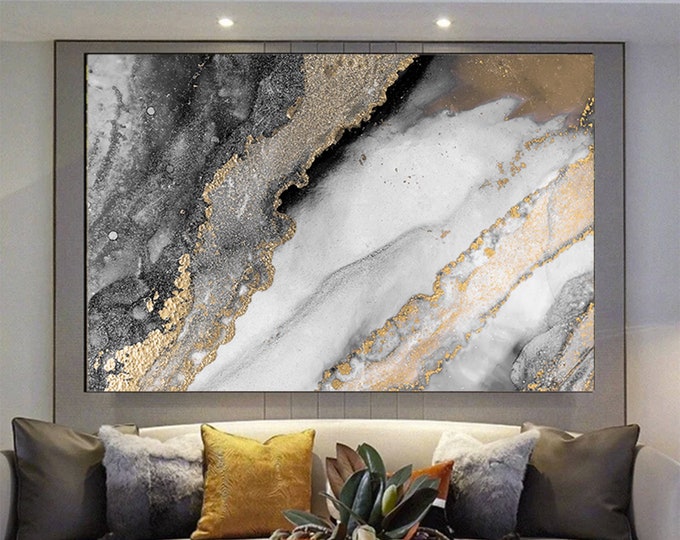 Gray gold abstract canvas print Abstract Luxury wall art Living Room decor Oversized Contemporary Modern Artwork, Marble Abstract Art