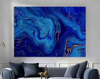 Blue Gold Marble Wall Art, Abstract Canvas Print