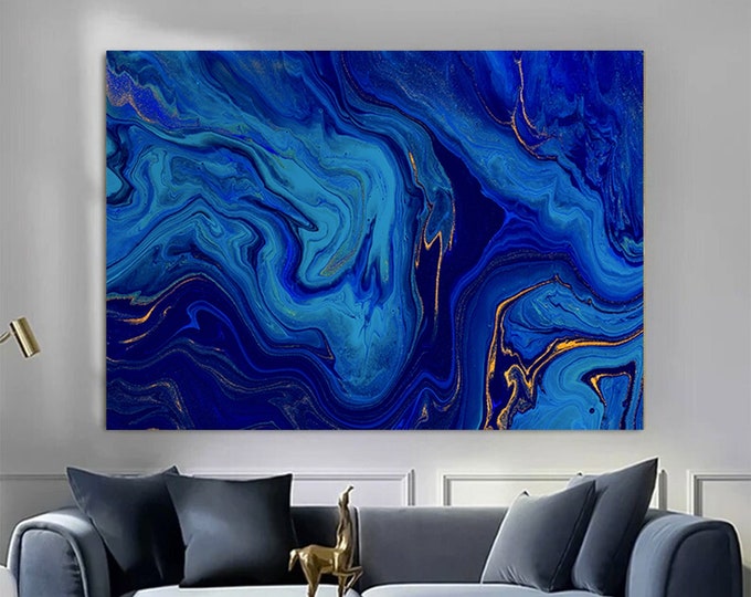 Luxury Marble Wall Decor, Navy Blue Wall Art, Abstract Marble Wall Art, Alcohol Ink Artwork, Gold Marble Art Canvas,
