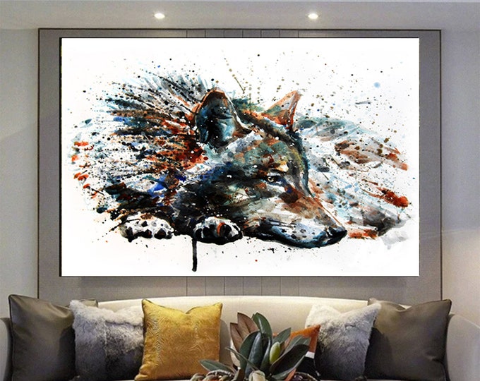 Custom wolf painting, abstract canvas, animal wall art prints, extra large canvas wall art, minimalism wall art