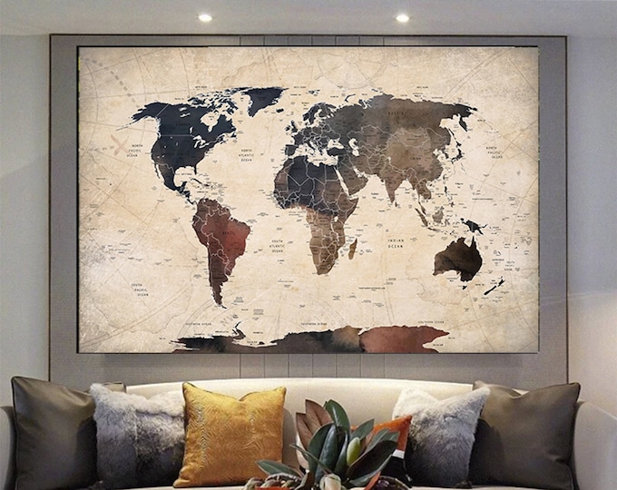 Tumbled Style World Map Canvas Print, World Map Poster, World Map Wall Art, World Map Wall Decoration