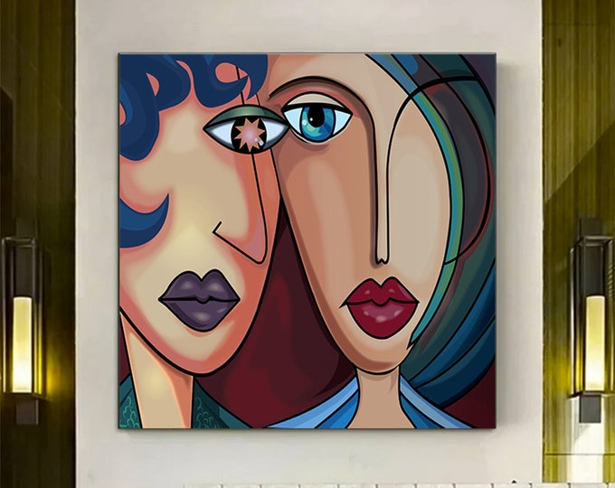 Abstract Digital Illustration of two beautiful women wall art, abstract women painting wall art, large canvas picture poster print