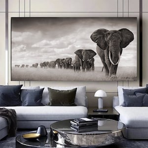 Large Panoramic Canvas Art Prints, Black and White Wall Decor, Modern Giclée Art Prints, Elephant Family, Living Room Decor