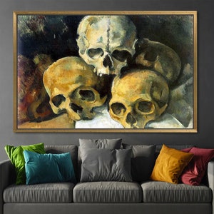 May include: A still life painting of four human skulls, painted in a realistic style with muted colors. The skulls are arranged in a pyramid shape, with the largest skull at the top. The painting is set against a dark background.