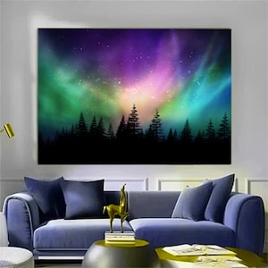 Aurora Borealis Nordlichter über kanadischem Wald, Nordlichter Wandkunst, Natur Wandkunst, Nacht Wandkunst, Sternenhimmel Wandkunst,