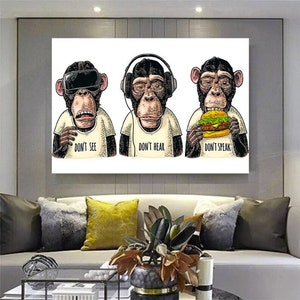 3 Wise Monkeys Canvas Art, Animal Wall Decor
