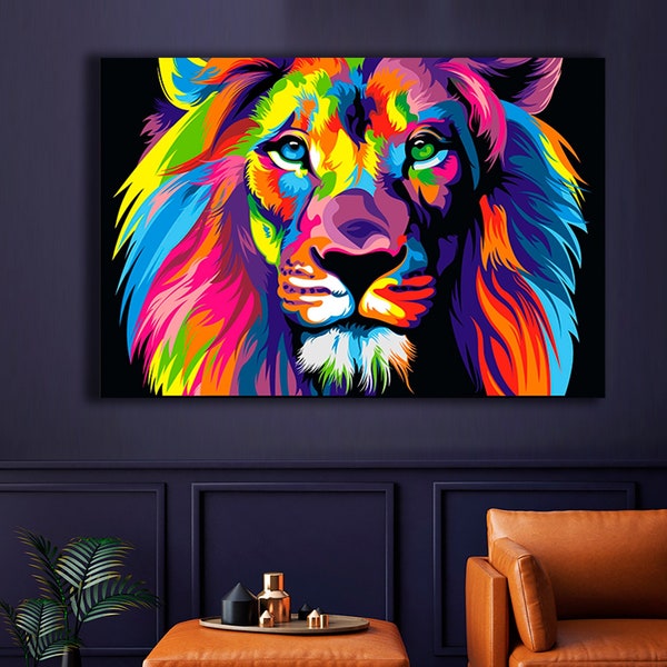 Peinture abstraite sur toile de lion, Toile de lion colorée, Peinture sur toile de lion pop art, Toile extra large, Décor de chambre, Décor de toile moderne