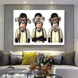 3 Monkey Canvas Art , 3 Thoughtful Monkeys , Monkey Canvas , Wise Monkey , Animal Wall Art , Office Decor