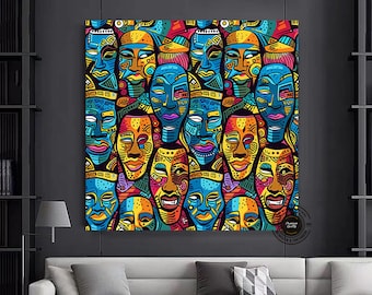 Maasai African Tribal Mask Art Canvas | Vibrant Traditional Mask Wall Art | Ethnic African Canvas Print | Abstract Tribal African Home Decor