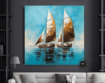 Abstract Ship Canvas Wall Art: Handmade Seascape Painting