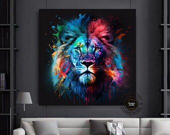 Pop Art Lion Canvas: Colorful Abstract Animal Art Print