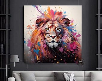 Pop Art Lion Canvas: Colorful Abstract Animal Art Print