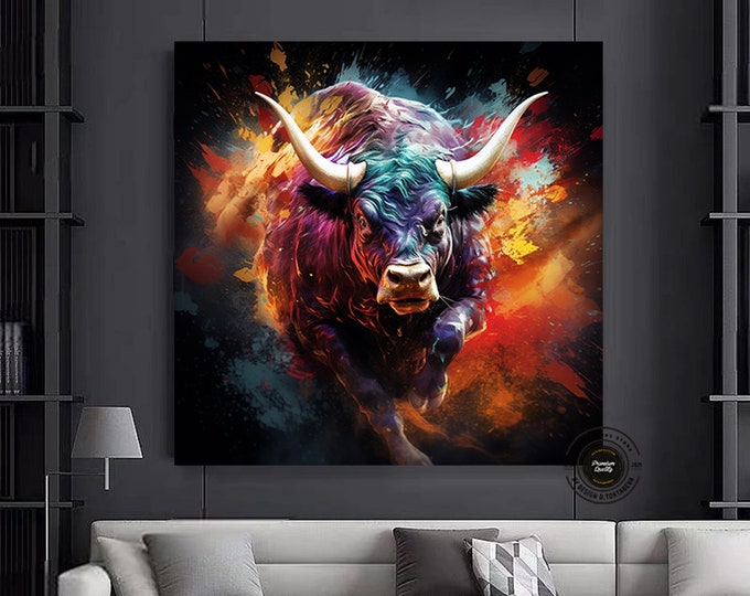 Bull canvas painting,Colorful bull,Bull painting art,Bull wall decor,Bull Abstract Canvas,Animal Painting,Big bull art
