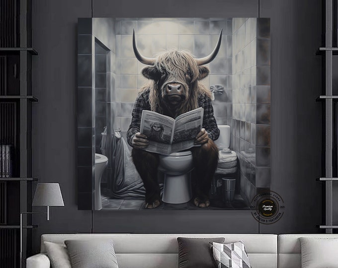 Print CANVAS with framed, Highland Cow Sitting on the Toilet Reading a book, Funny Bathroom Wall Decor, Funny Animal Canvas Print,