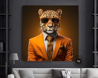 Funny Leopard in Suit Art Print: Ready to Hang Animal Wall Decor