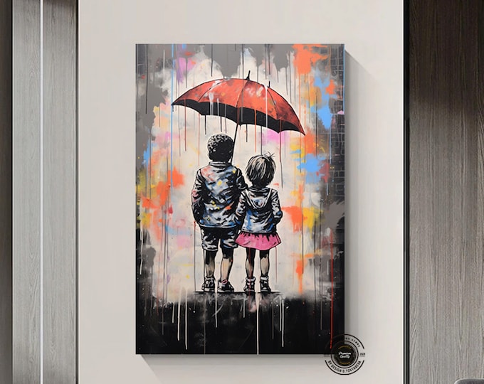 Graffiti Art Two Children Under Umbrella Graffiti Art,Wall Decor Bedroom, Graffiti Art Canvas, Urban Wall Art, Large Modern Wall Art