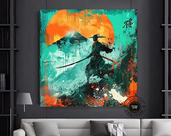 Oil painting style Samurai canvas wall art, Samurai wall decor. Samurai poster art.