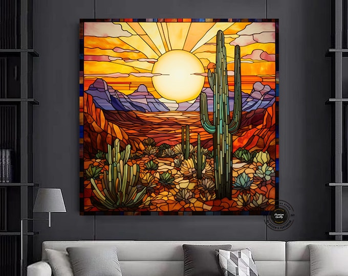 Saguaro Cactus Wall Art, Stained Glass Style Sonoran Arizona Desert Painting Canvas Print, Southwestern Artwork Ready To Hang