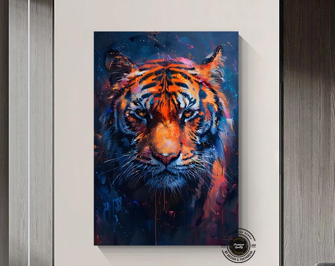 Fierce Tiger Canvas Wall Art, Colorful Vibrant Oil Painting Style, Bengal Big Cat Portrait Wildlife Art Print for Home and Office Decor