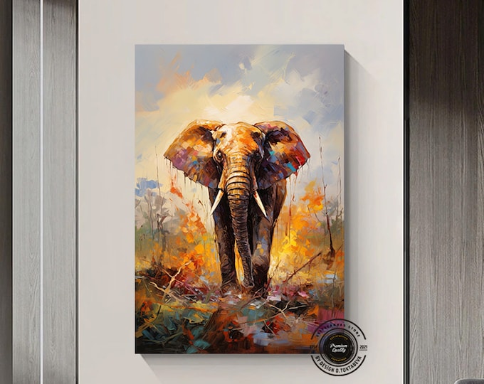 Colorful Elephant Print, Colorful abstract painting of elephant wall art poster. Elephant Canvas Wall Art, Above Bed Decor Art