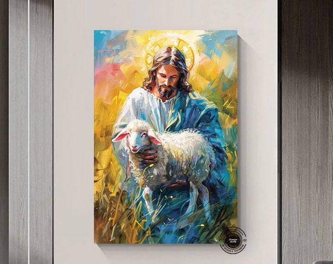 Jesus Canvas Art Print, Religous Gift, Christian Wall Decor, Bible Art,Jesus Christ with lamb in his arms oil painting on canvas
