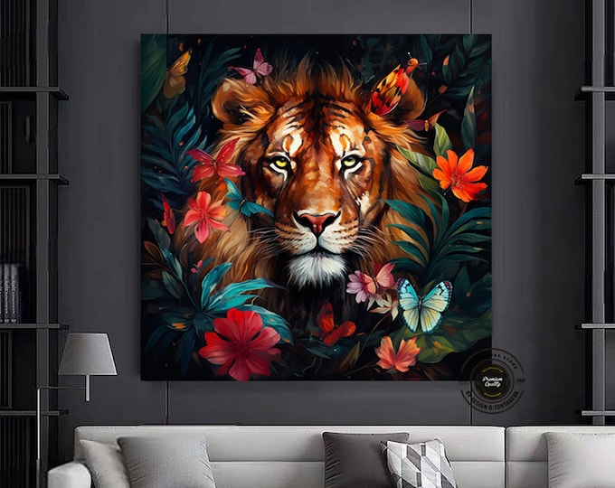 Lion Canvas Print Wall Art, Lion Portrait Among Flowers Canvas Art Home Decor, Animal Poster Wall Art, Framed Canvas Art, Decor for gift