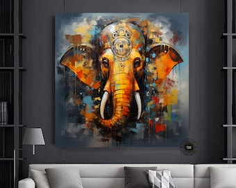 Abstract Ganesha Painting Print on Framed Canvas: Indian Wall Art
