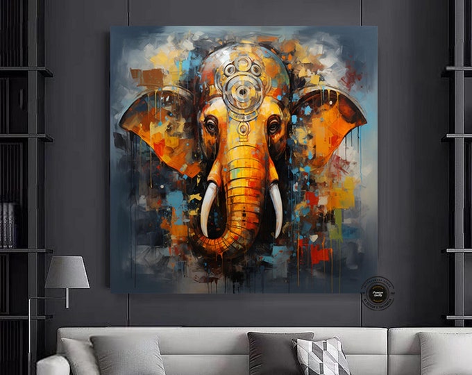 Abstract Ganesha Painting Print on Framed Canvas - Large Ganpati Wall Art, Indian Home Decor, Gift for Her, Living Room and Kitchen Decor