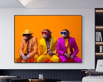 3 Wise Monkeys Canvas Art: Colorful Animal Wall Decor