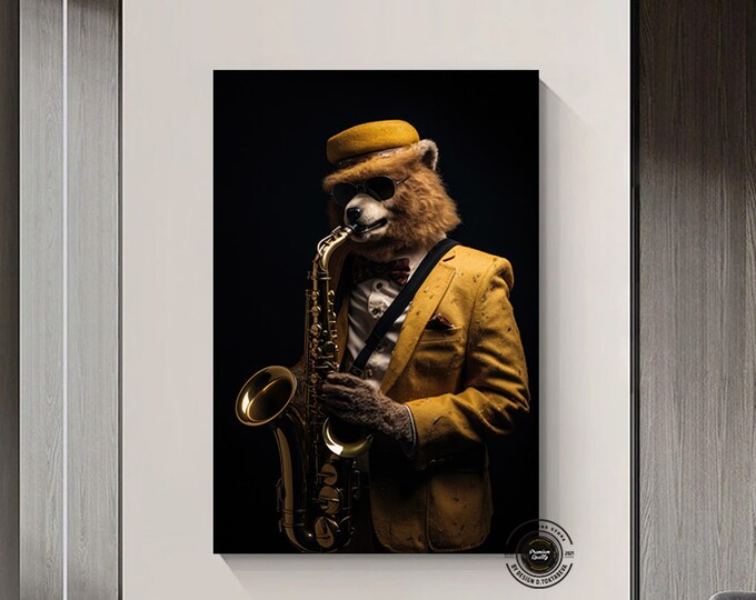 Saxophone playing bear canvas wall decor, Funny animal art, jazz canvas decor ready to hang.