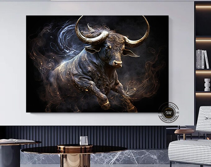 Bull Canvas Art - Gold & Black Charging Bull - Financial District Wall Decor for Home and Office