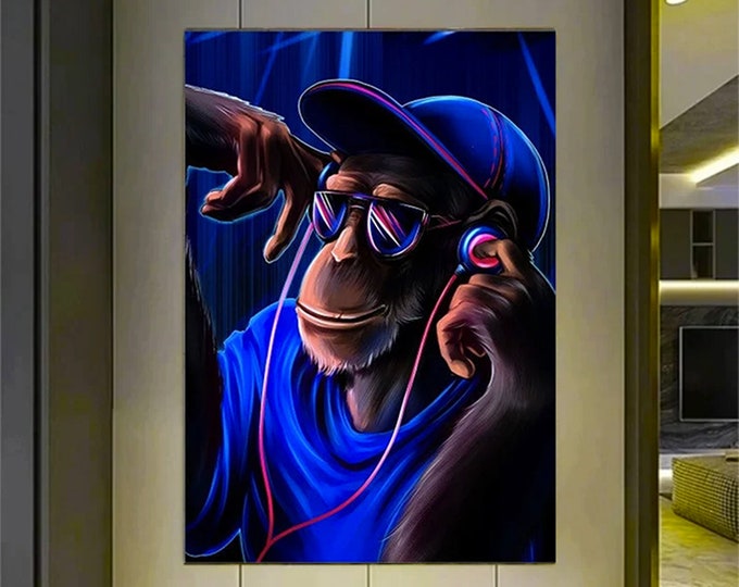 Dj Monkey , Crazy Monkey , Blue Monkey Wall Art , Animal Wall Art , Gorilla Headphone Canvas Prints