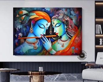 Radha Krishna Canvas Painting: Traditional Indian Wall Decor
