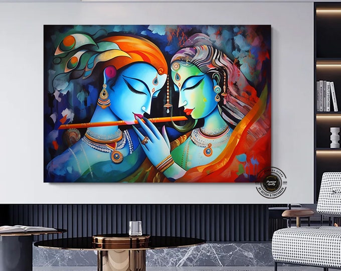 Radha Krishna Painting, Reproduction Art Canvas, India Traditional Printed, Lord Krishna and Radha Wall Decor, India Woman Poster