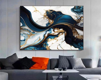 Luxury Marble Wall Decor, Navy Blue Wall Art, Abstract Marble Wall Art, Alcohol Ink Artwork, Gold Marble Art Canvas,