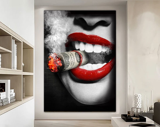 woman smoking with dollar canvas painting, dollar and woman canvas print, woman wall art, cigarette and woman print
