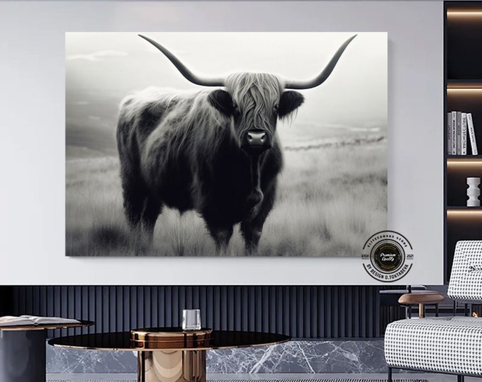 Highland Cow Painting Canvas Print - Rustic Farmhouse Decor - Highland Cow Wall Art - Framed Or Unframed Ready To Hang