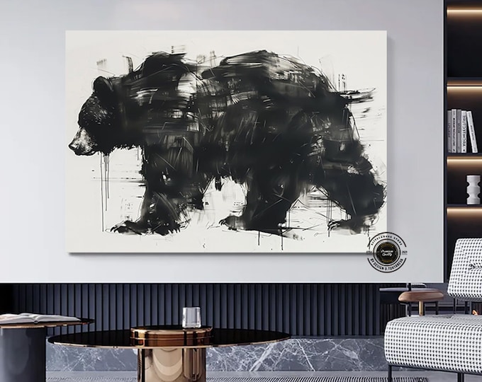 Large Abstract Black Bear Canvas Wall Art, Bear Print on Canvas, Modern Animal Painting for Living Room Bedroom