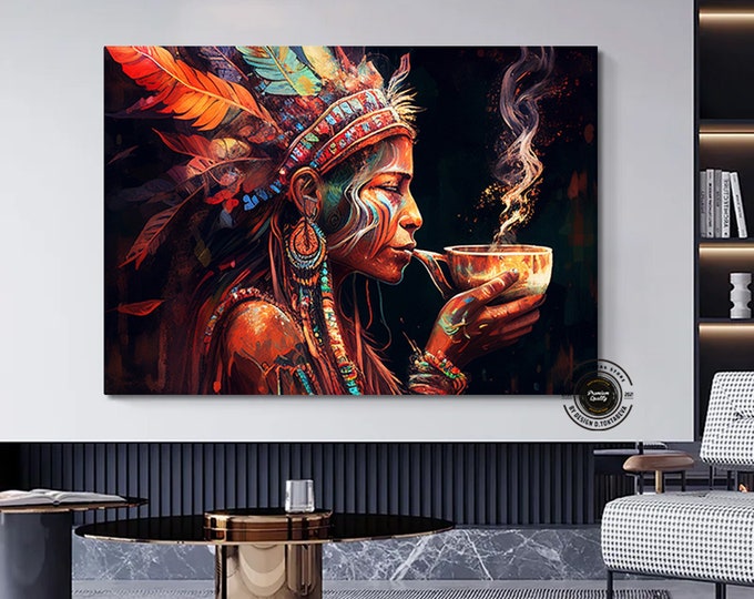 Mystical Shaman Print Canvas, Ethnic Style Art Print, Native American Mythology Wall Decor, Vintage Painting ArtWork, Modern Wall Art